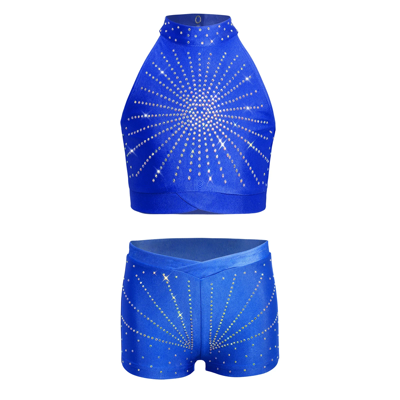 

Kids Girls Dance Gymnastics Costume Sleeveless Cutout Back Sparkling Rhinestone Crop Top with V-front Elastic Waistband Shorts