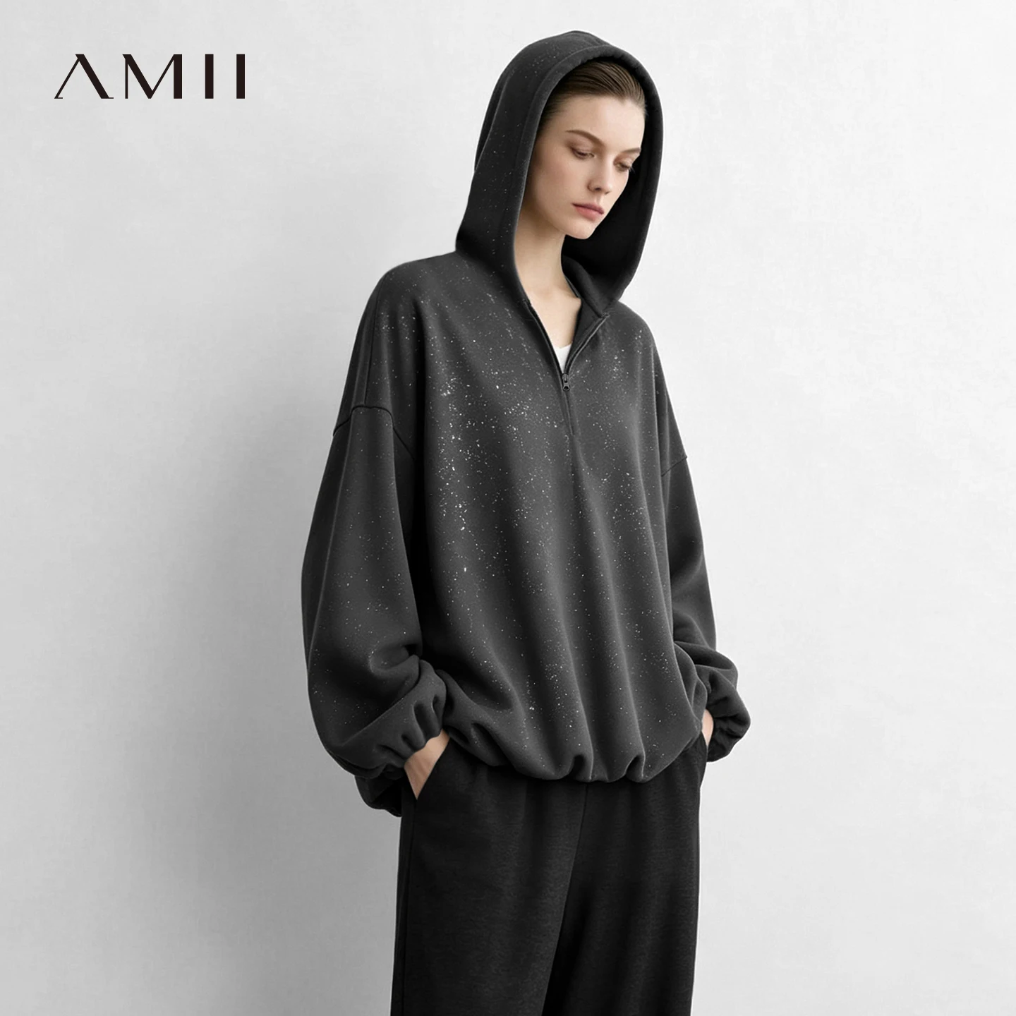 Amii Women's Zip Up Hoodie Oversized Drop Shoulder Peplum Hem Slimming Pullover Casual Tops 2026 Autumn Glitter Clothes 12643097