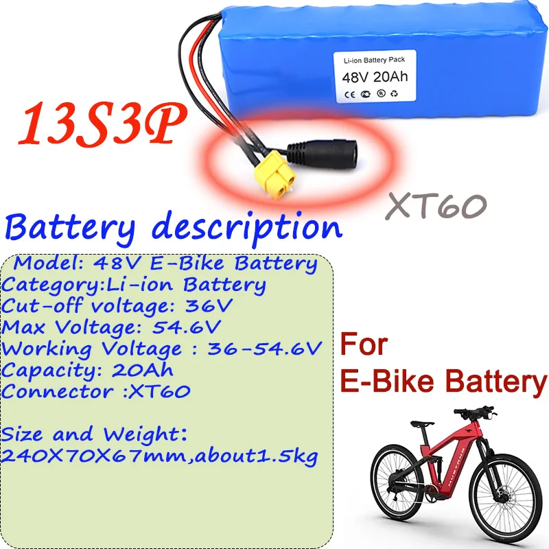 

2024 Best Seller 13S3P 48V Li-ion Battery 20Ah High Capacity XT60 Connector And BMS For Ebike Battery Pack