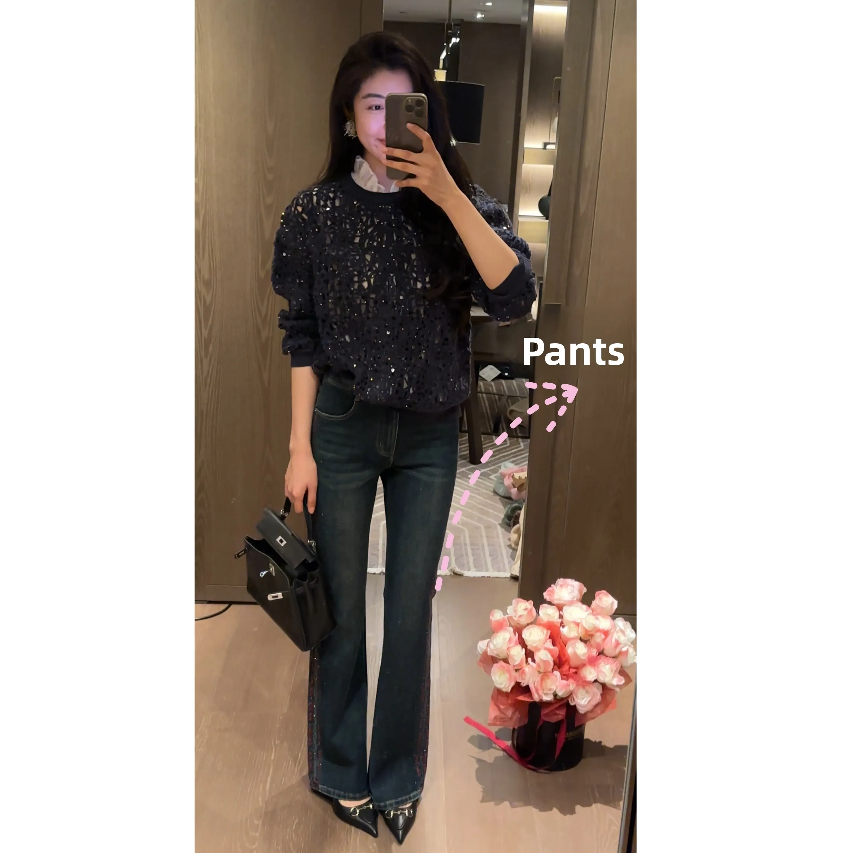 

NCOU Spring 2026 Faionable Slimming Bell Bot Embroidered Letter Rhinestone Frayed Chinese Sle Long Pants for Women
