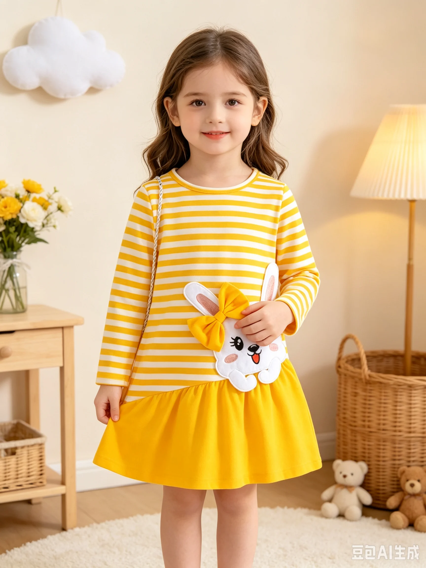 Kinderkleidung für Mädchen, süßes und niedliches Kleid mit Hasenmuster, Rundhalsausschnitt, Streifenmuster, Rüschensaum, langen Ärmeln und kurzem Rock. – Detail 2