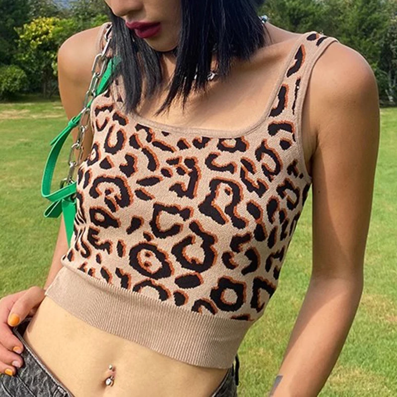 Ropa de verano Boring Honey para mujer, camisetas sin mangas tejidas con estampado de leopardo, Top corto básico ajustado, chaleco sin mangas, ropa