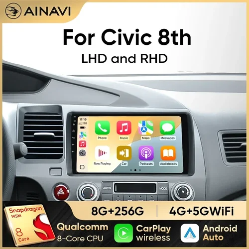 Imagen 1 del producto Ainavi radio estéreo de coche para Honda Civic 8th 8gen 2005 2006 2007 2008 2009 2010 2011 multimedia inalámbrico carplay android auto