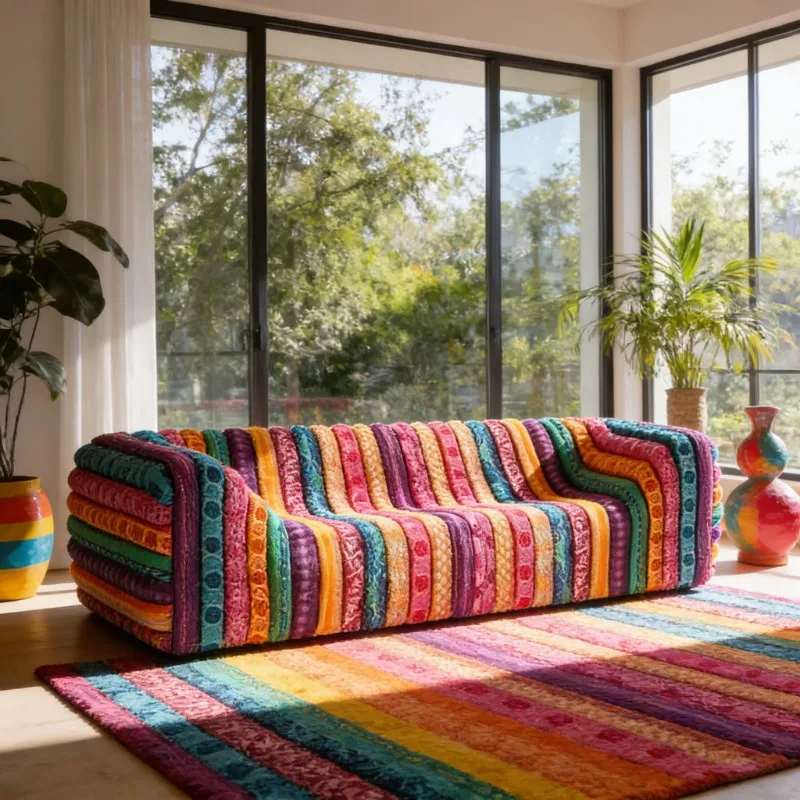 Rainbow patchwork striped sofa retro handmade velvet multi-seater sofa
