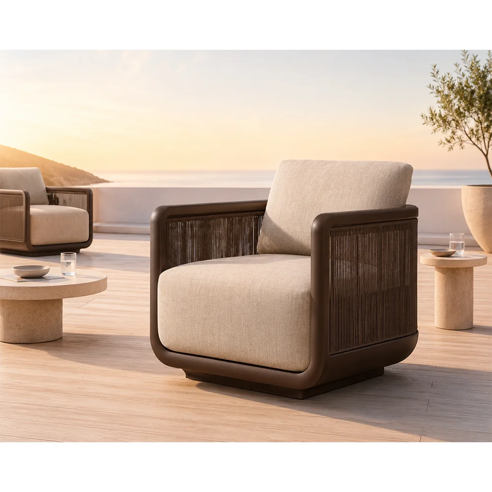 Stylish aluminum recliner with hand-woven ropes and upholstered seats