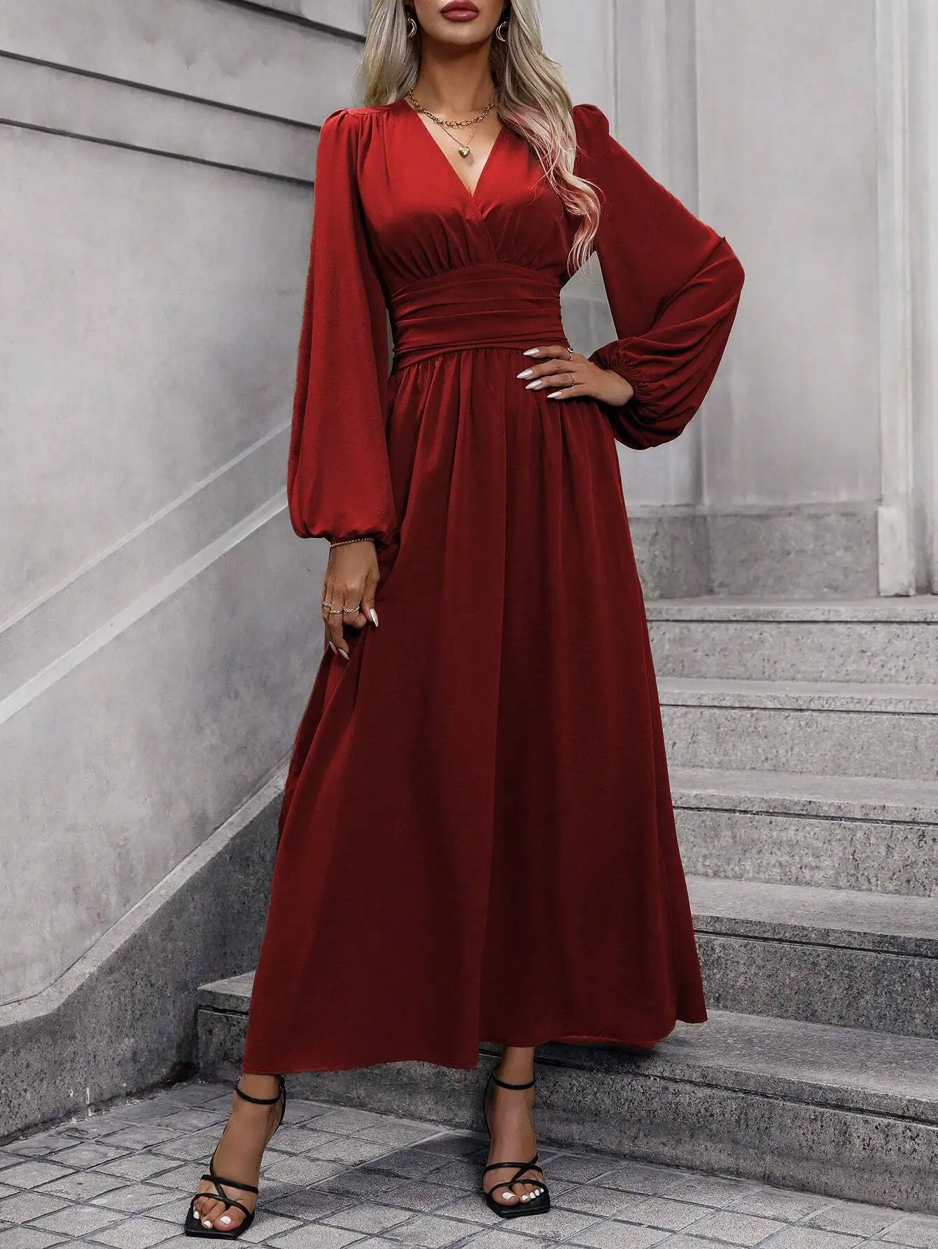 Women's Elegant Long Dress Fashion Solid Color V-Neck Long Sleeve Waist  High Slit Dress Spring Autumn Daily Casual Women's Wear