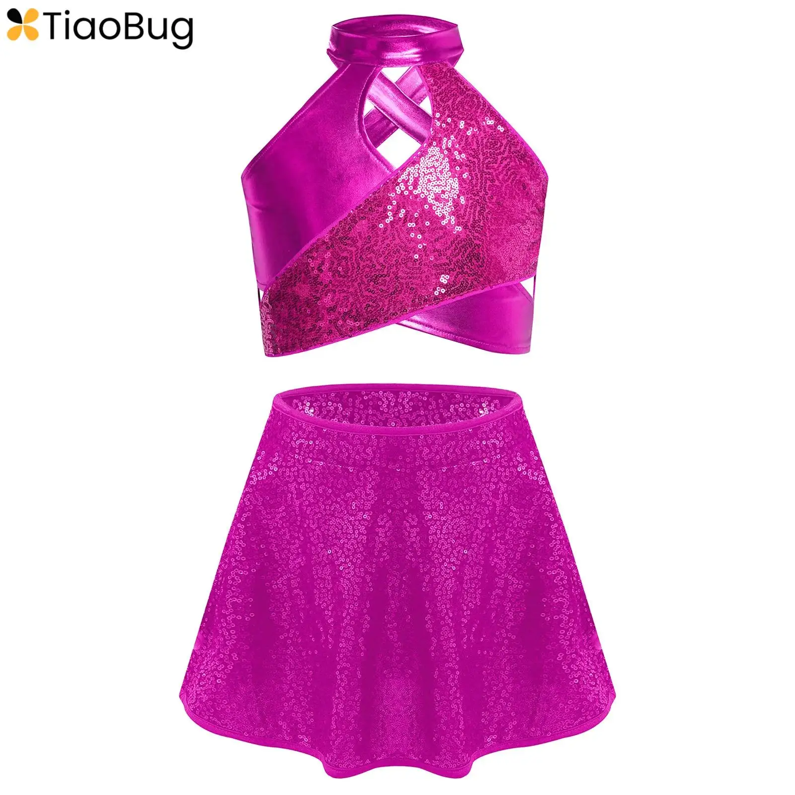 

Kids Girls Jazz Latin Dance Costume Sparkly Sequins Metallic Cross Keyhole Tank Crop Top+Sequins Skirt for Stage Show Streetwear