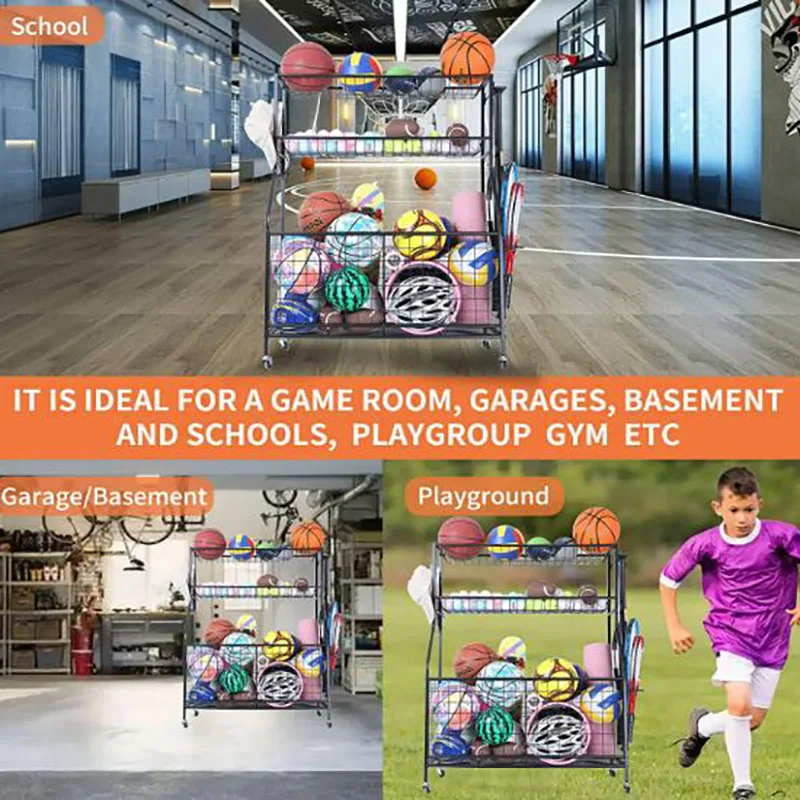 Heavy Duty Black Metal Sports Ball Equipment Storage Cage Basketball Football Storage Ball Sports Rack