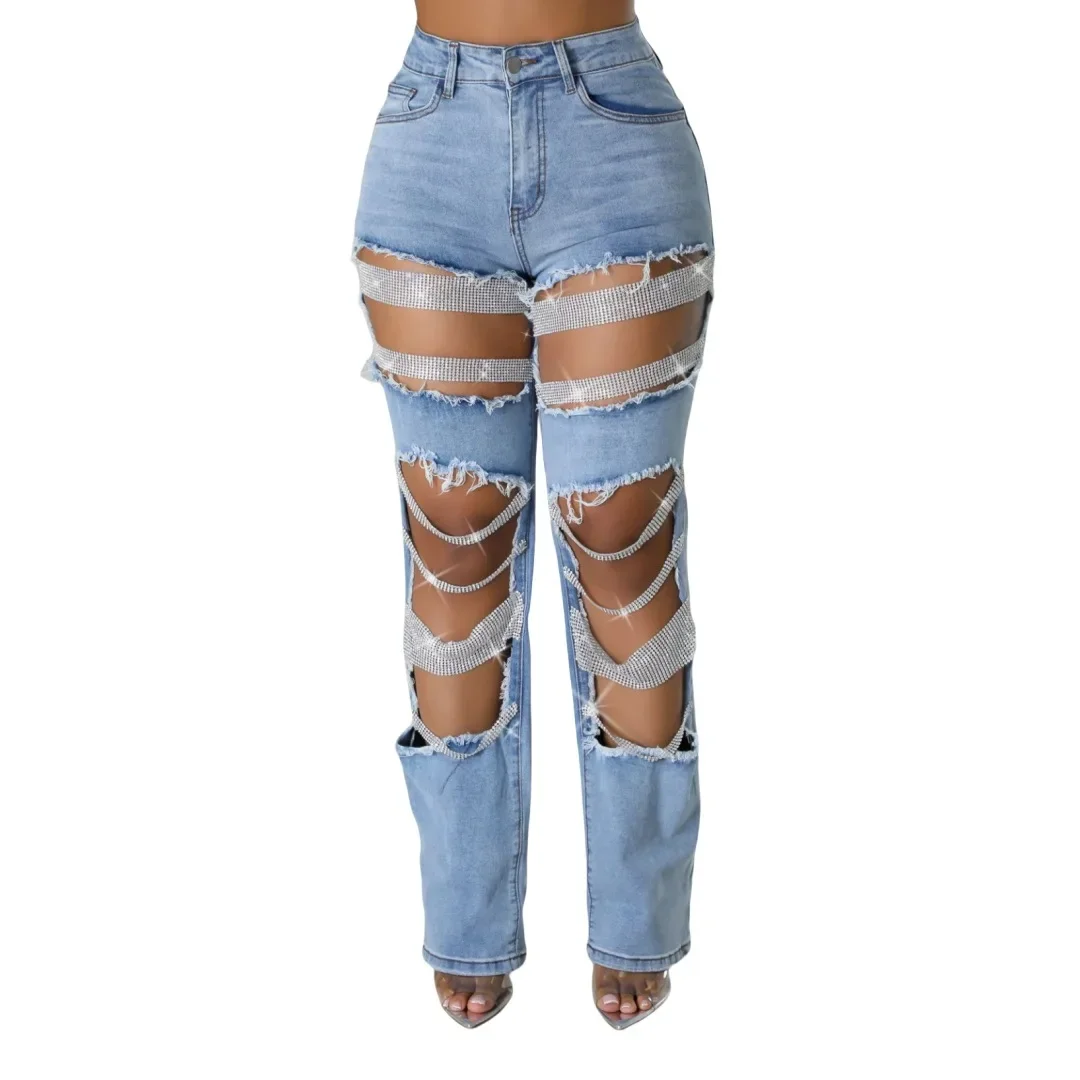 Women Fashion Pearl Beading Ripped Hollow Out Tassel Wide Leg Jeans 2024 New Summer INS Street Denim Pants Trousers