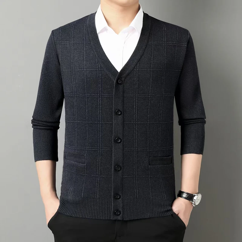 

Men's V-ne Knitted Cardigan Autumn Winter Busin Casual Fine Plaid Double ket Design Warm Polyester Fiber Long Sve