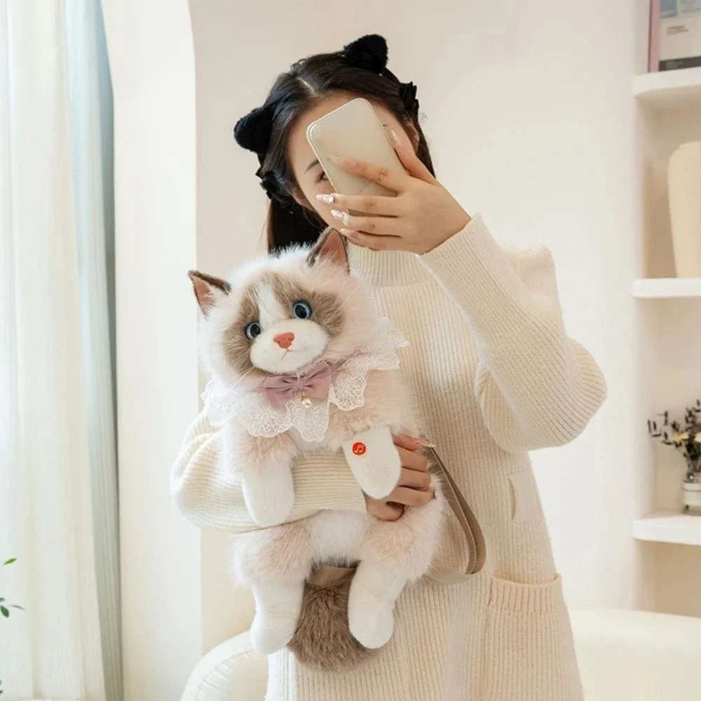 حقيبة ظهر للقطط مقلدة واقعية للغاية، حقائب مدرسية على شكل قطة كرتونية لطيفة، حقيبة تخزين حيوانات محشوة #5