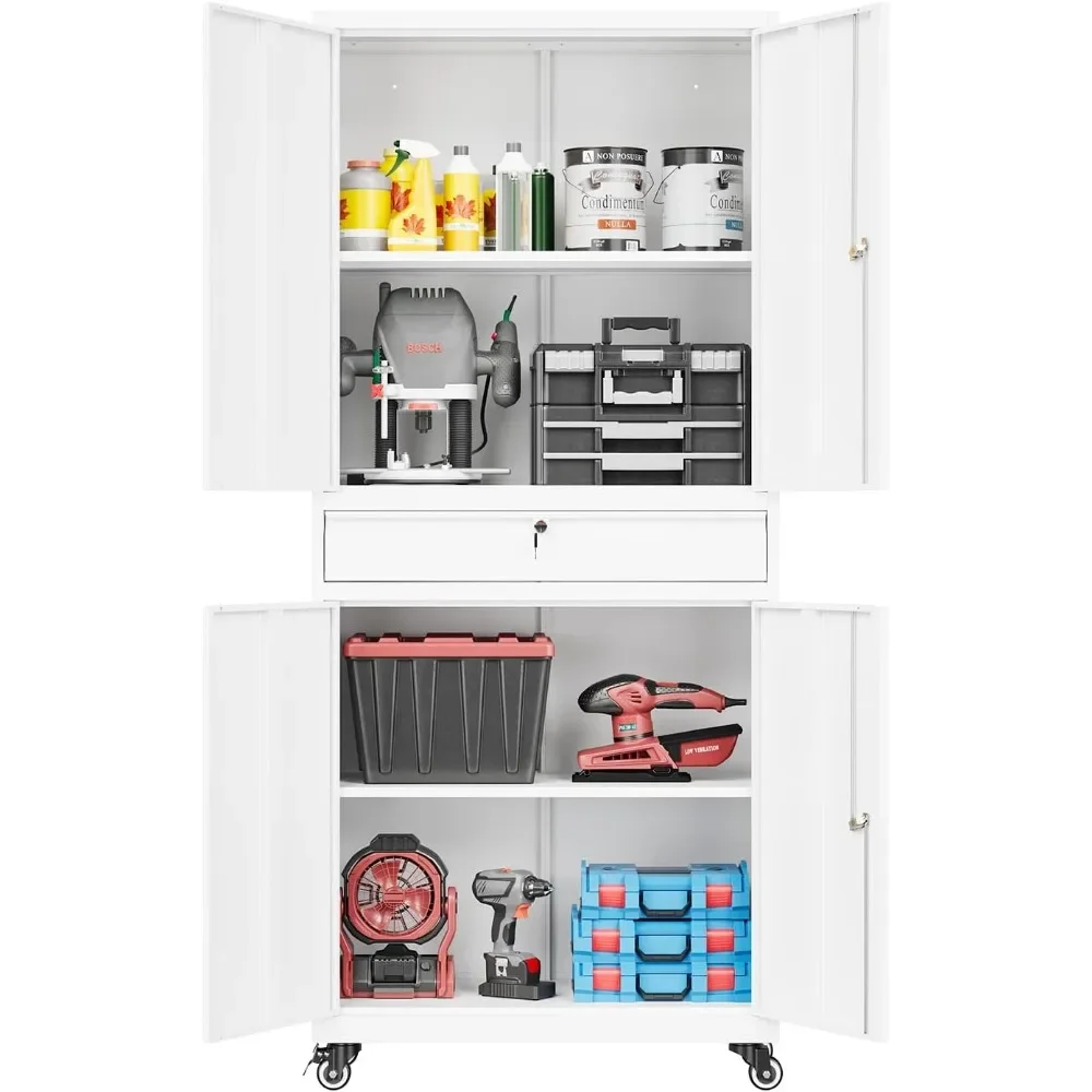 

73" White Metal Storage Cabinet - Heavy Duty Rolling Steel Tool Cabinet with Shelves, Lockable Doors & Drawers"