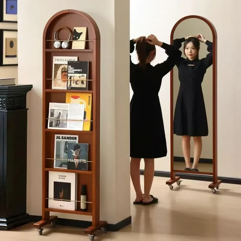 Japanese Style Solid Wood Full Body Mirror with Integrated Magazine Rack Removable Rotating Floor Standing Mirror for Bedroom