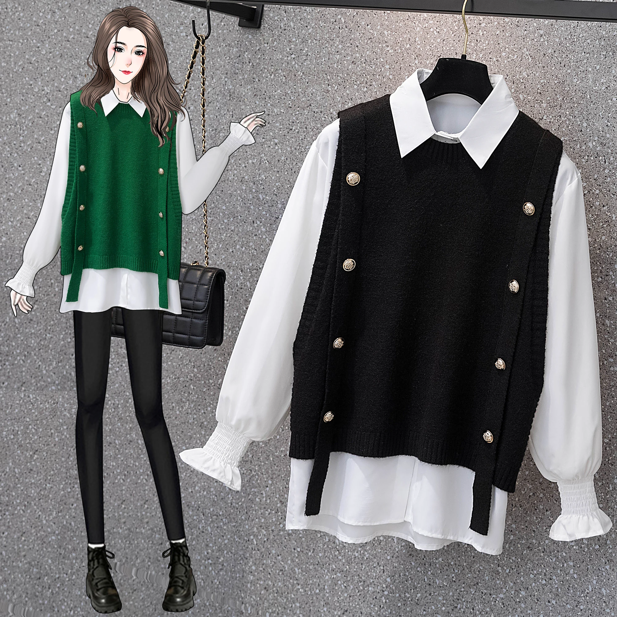 Autumn Winter Hipster Women Two-Pieces Sets Solid Color Turn-down Collar Fashion Shirt Loose Versatile Double Breasted Waistcoat