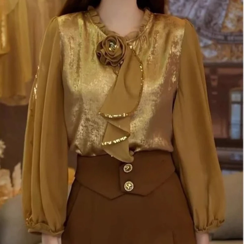

2025 Spring Fall Women Sequined Appliques Flower Ruffles V Neck Lantern Sleeve Gold Top T Shirt , Woman Elegant Tops Shirts