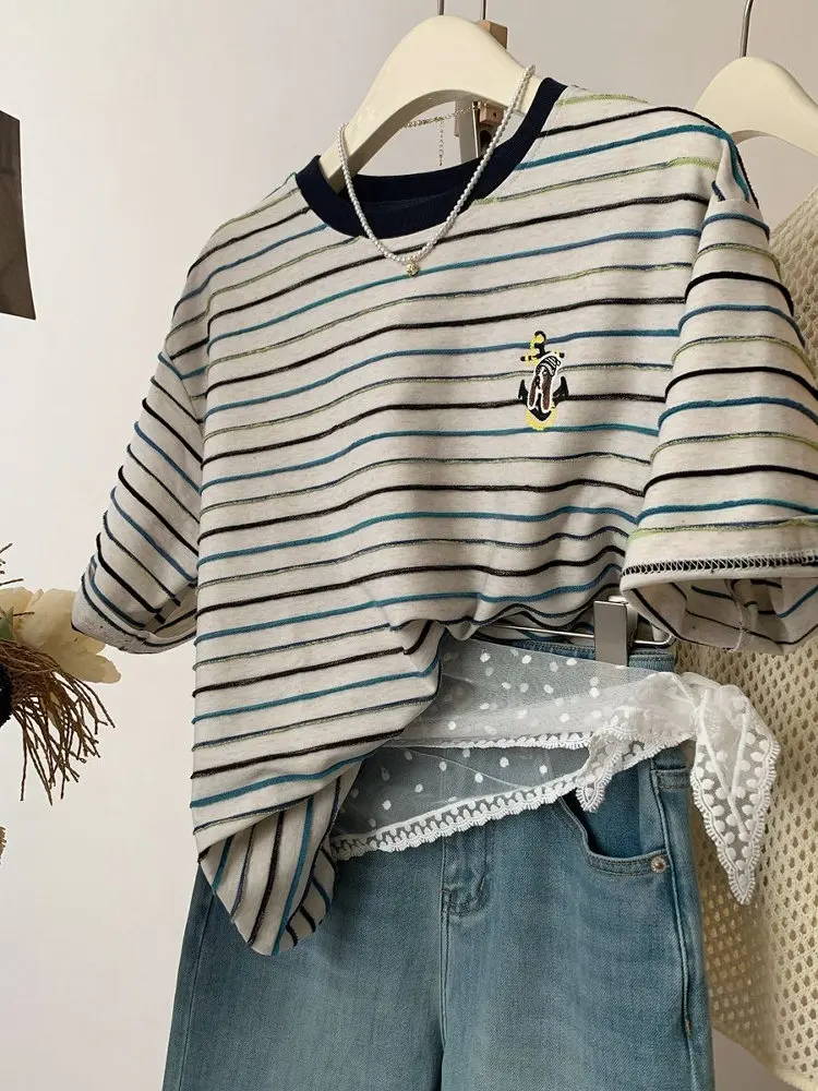 T-shirt Estiva da Donna Taglia Extra Large 300 Pou Anti-Invecchiamento con Ricamo a Righe Colorate