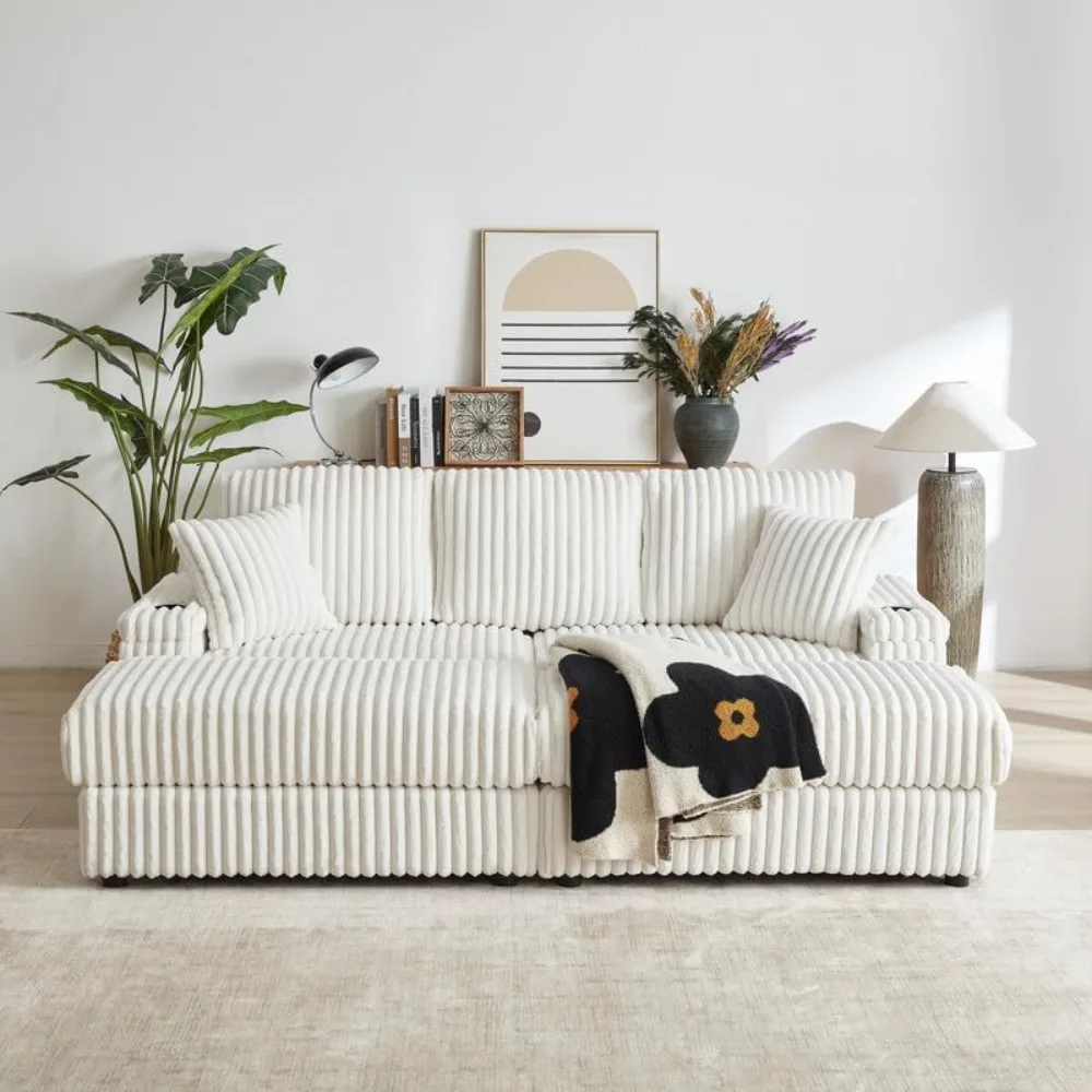 

84Inch Corduroy 3-Seater Sofa with 3 Back Pillows,2 toss Pillows, 2 Ottoman,2storage Spaces and Cup-Holding Grooves Comfy Sofa