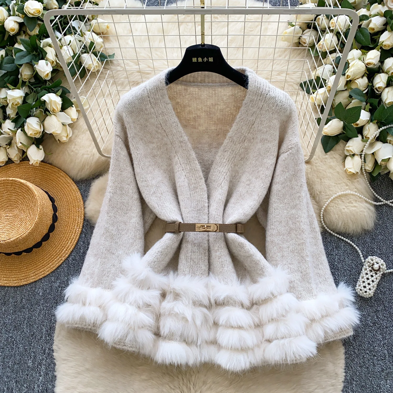 

Women Knitted Cardigan Sweaters Solid Jumpers Belted Fur Spliced V Neck Long Sleeves Loose Casual Office Lady Autumn Winter 2025