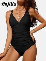 Anfilia Women's Sexy V Neck One Piece Swimsuits Double Strappy Monokini Bathing Suits Crisscross Straps Back Swimwear