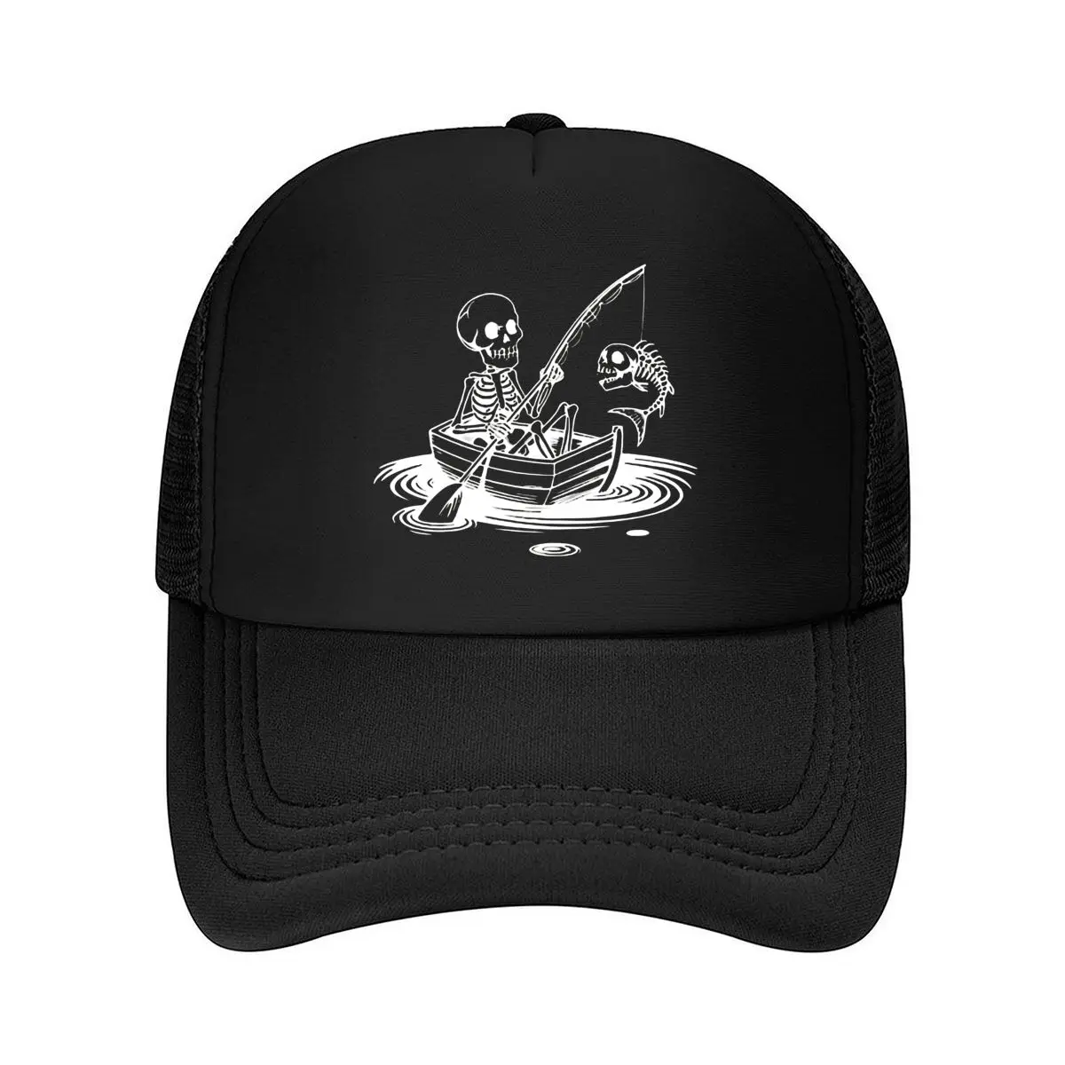 Skeleton Boating Fishing Print Sun Hat, Fishing Rod Sports Hat Stylish Unisex Adjustable  Mesh Baseball Cap Dad Hat Hip Hop