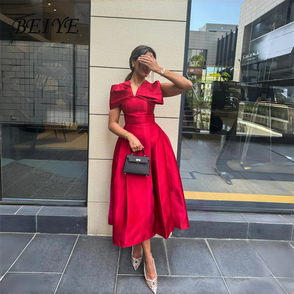 

BEIYE Simple Red Satin A-Line Evening Dresses Women Off The Shoulder Pleat V-Neck Tea Length Prom Dress Party Gowns Customized