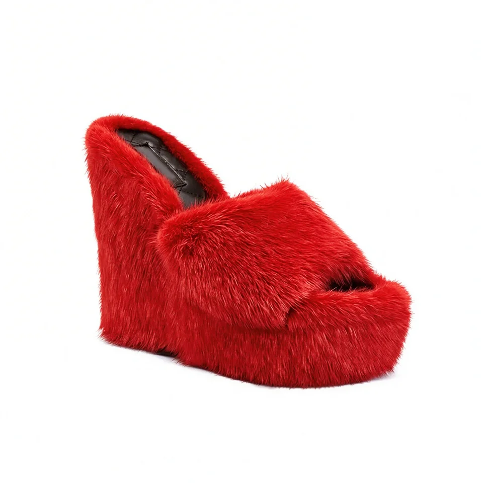 Mink Fur Slippers Women's Wedge Heel Shoes Women High-heeled Furry Sandals Fashion Outdoor   Shoes Women Slippers Furry Slides