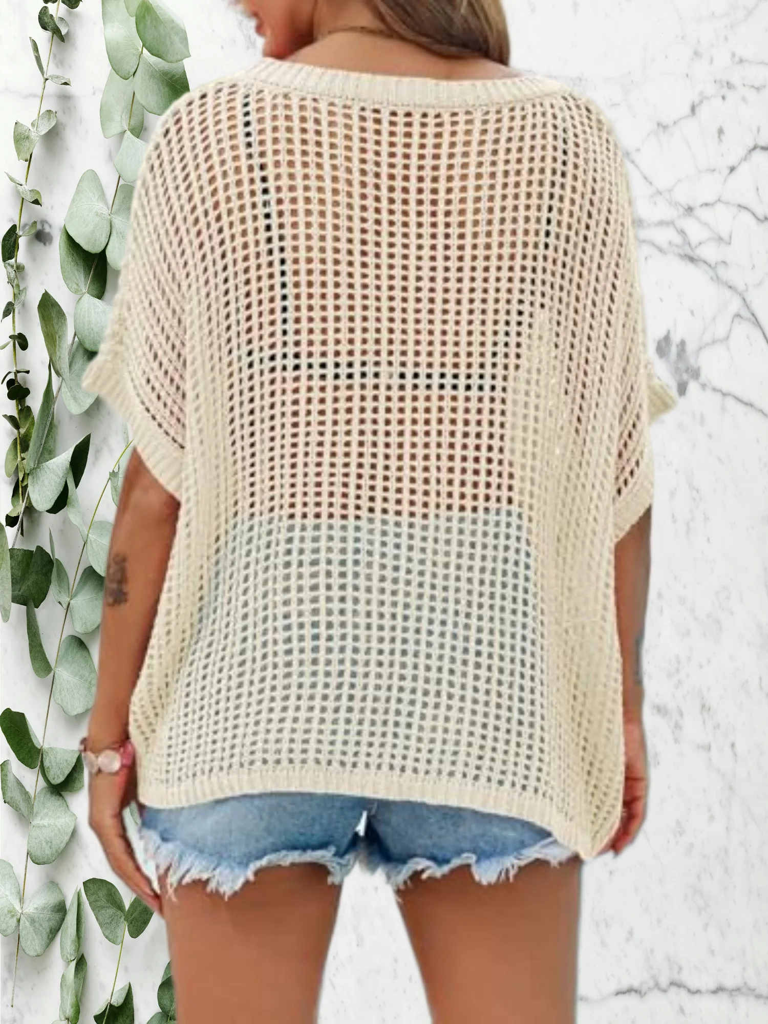 女性用かぎ針編みセータートップス バットウィング ハーフスリーブ オーバーサイズ ボートネック ボヘミアンニット サマービーチカバーアップ