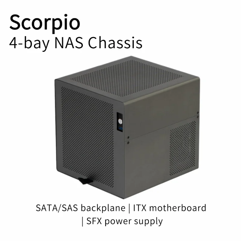 

Scorpio 4-bay NAS Chassis with Anodized Aluminum ISATA/SAS Backplane, ITX Motherboard, and SFX Power Supply