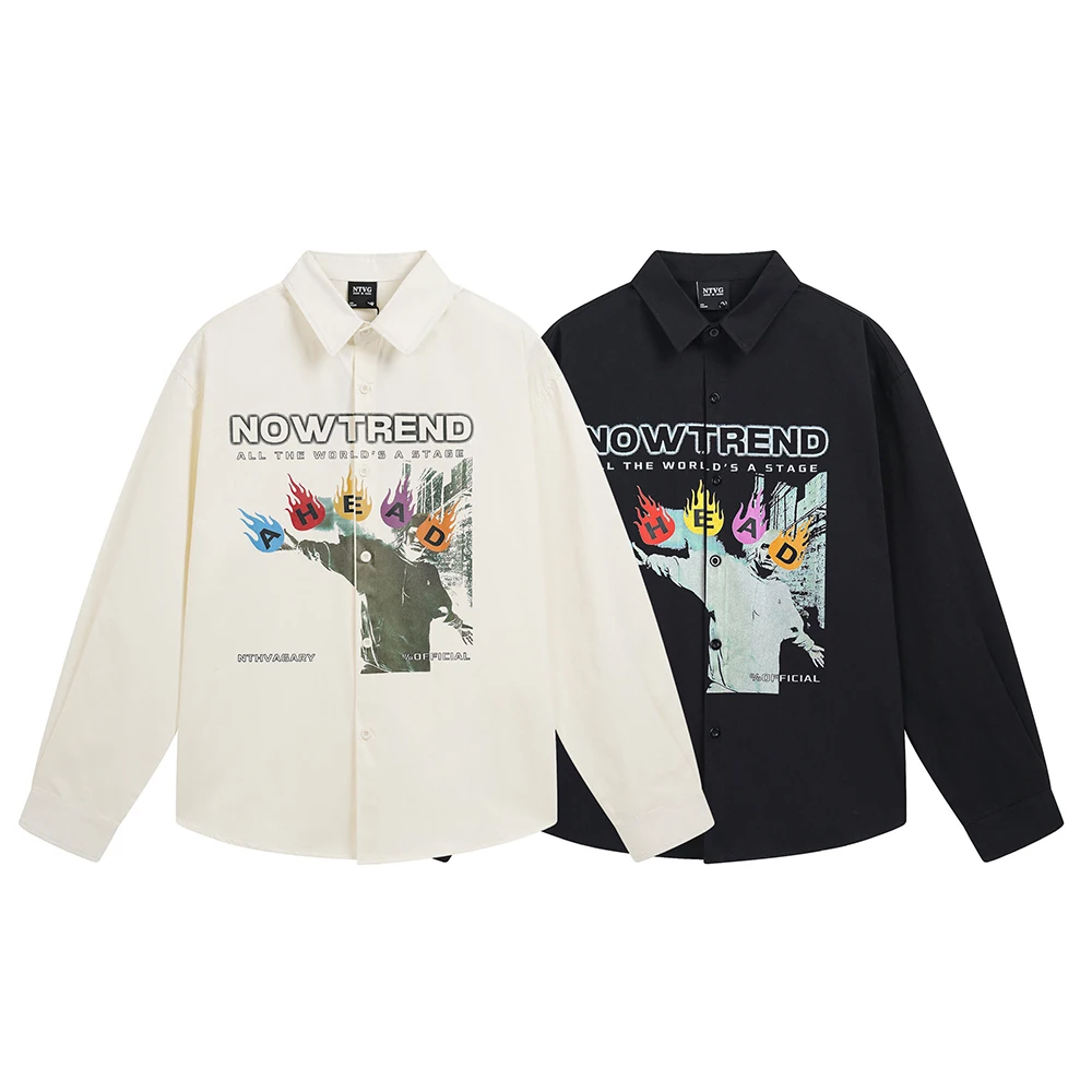 

Повседневные мужские рубашки, рубашка с готическим принтом, большие топы с длинными рукавами Y2k, корейская мода, японский стиль, хлопковая дизайнерская одежда в стиле ретро