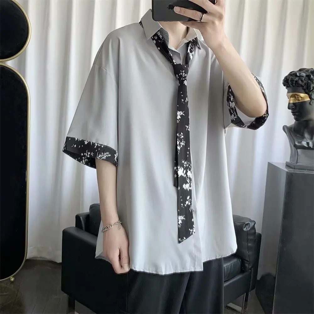 

Ice Silk Men's irt with Tie Seven-Arm Loose Fit Youthful Sle Polyester Fiber No Brand Chinese Production Summer Wear