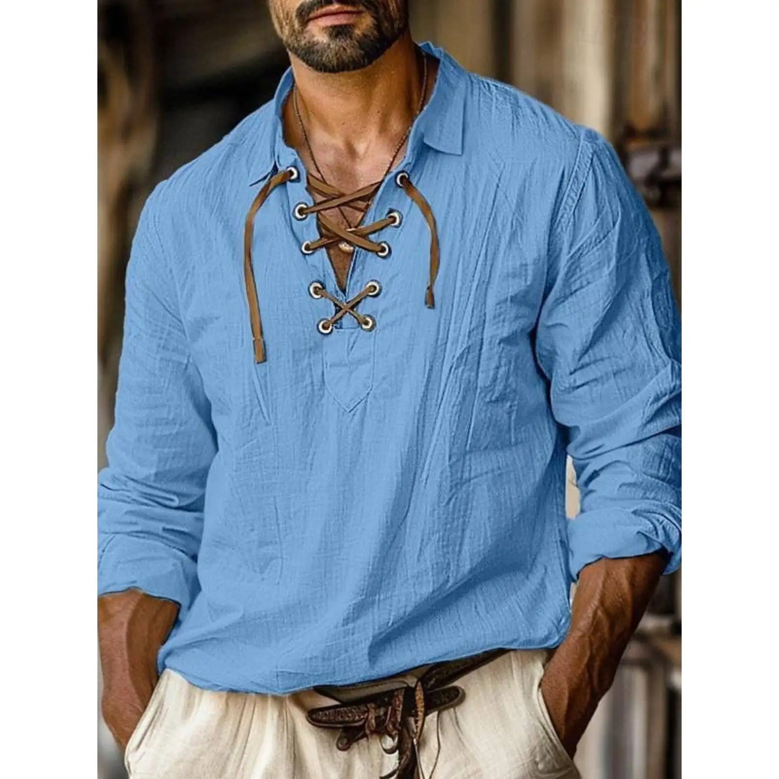 

Loose Men's Long Sleeve Shirt with Rope Tie Collar Autumn 2025 Cleanfit Breathable PU Leather Large Size Fashion Inner Wear