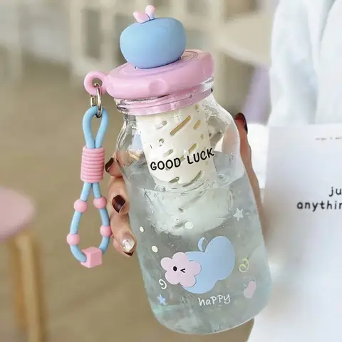 Korean Style Cute Apple Cat Straw Cup with Tea Infuser Portable Handle Plastic Water Bottle for Girls High Aesthetic