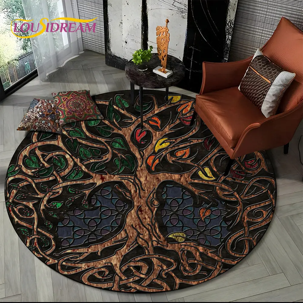 Viking Valknut Yggdrasil Tree of Life Round Area Rug,Carpet Rug for Living Room Bedroom Sofa Playroom Decor,Non-slip Floor Mat