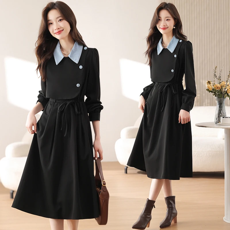 Vestidos de Verano para Mujer, Vestidos Nuevos y Únicos de Manga Larga con Cuello de Solapa, Vestido con Cordones en Línea A para Mujer Q6347