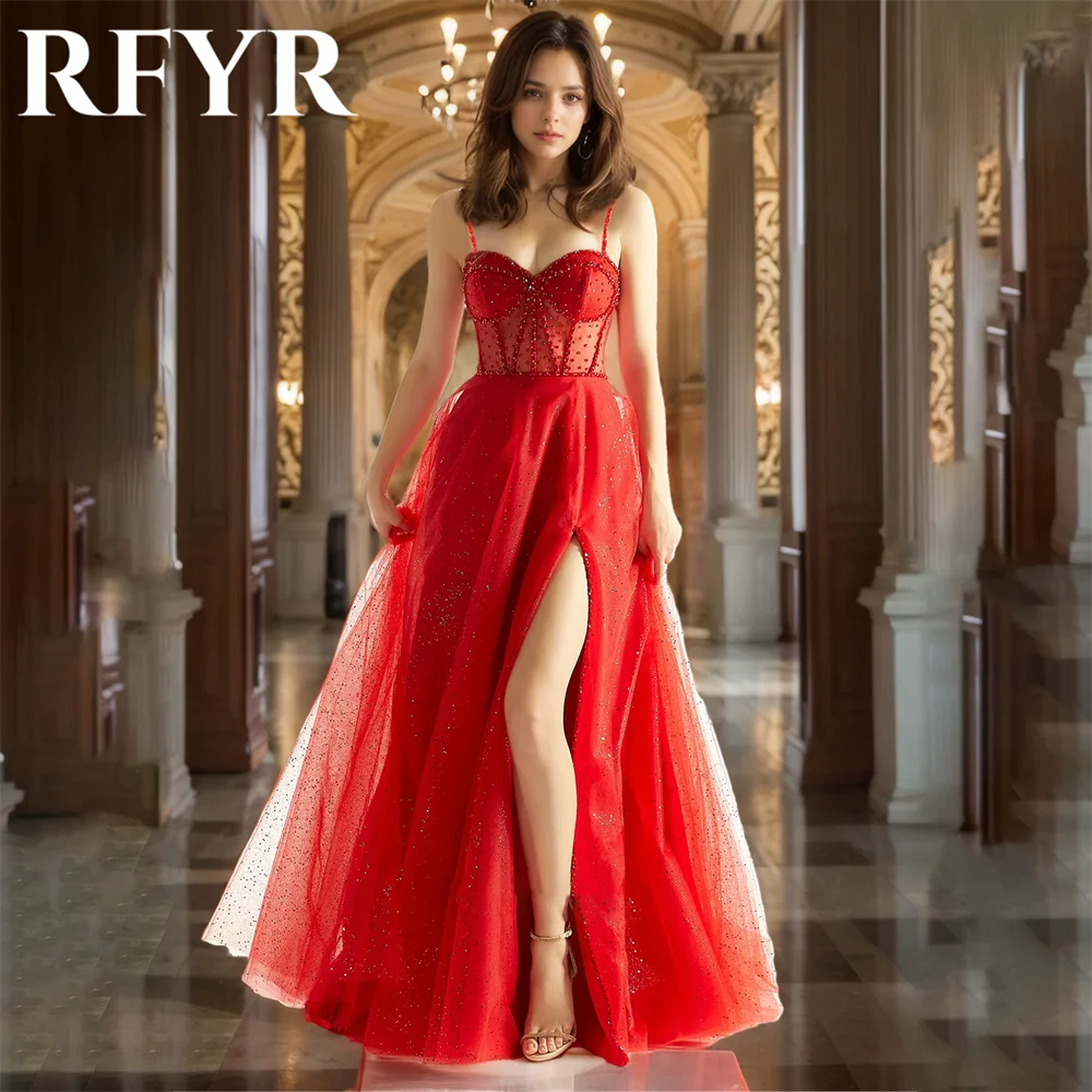 

RFYR Red A-Line Wedding Party Dress Spaghetti Strap Crystal Evening Gowns Sweetheart Pleated Prom Party Dress Customized