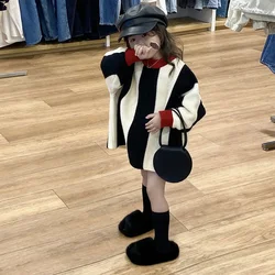 Girls Contrasting Striped Sweater Korean Clothing 2024 Autumn and Winter New Children Korean Medium and Long Knitted Sweater