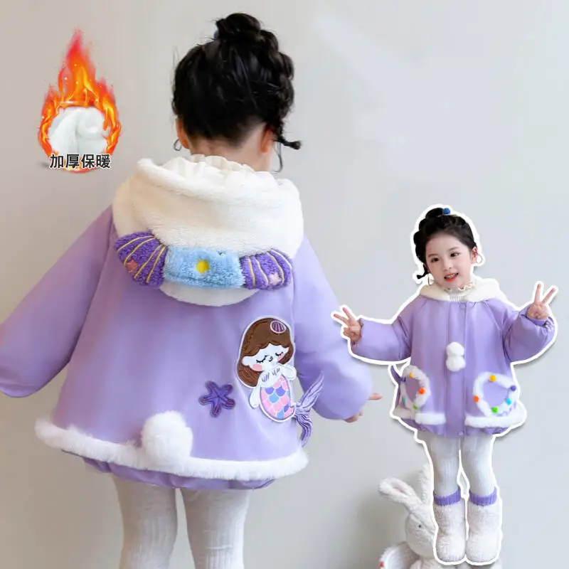 Lolita Cotton Coat Mermaid Sweet for Girls Winter Warm Jacket Kawaii Thickened Outerwear Princess Fleece-Lined Hooded Coat Gift