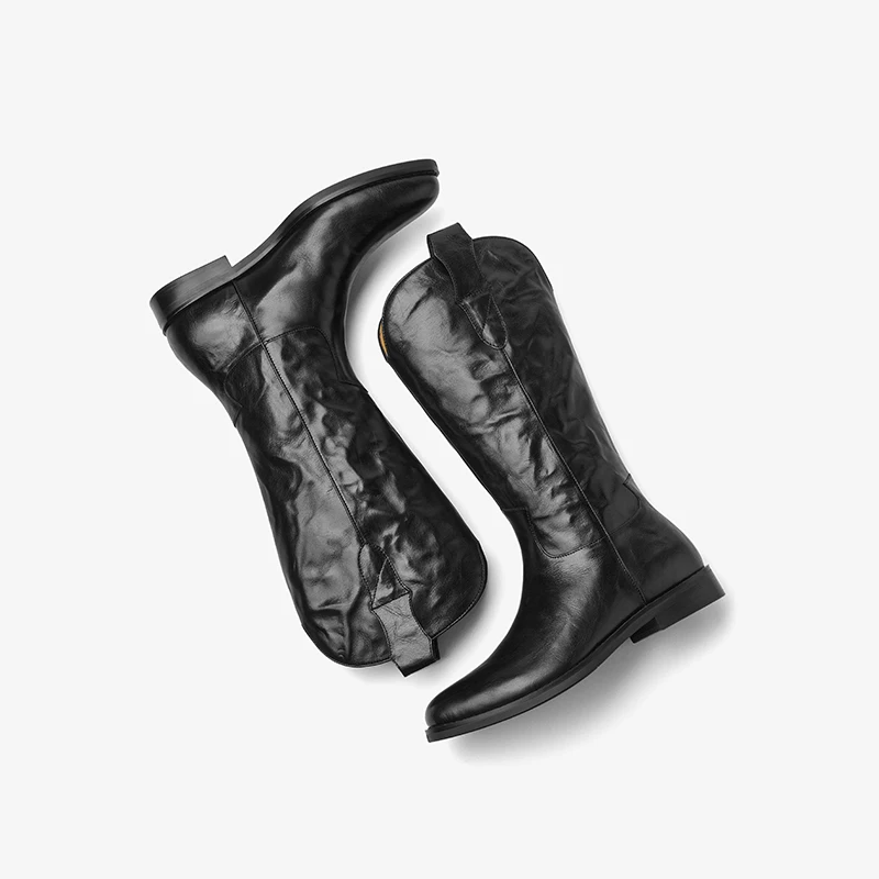 BEAUTODAY Western Boots Women Genuine Calfskin Leather Pointed Toe Solid Color Slip-on Mid-Calf Ladies Boots Handmade 06054
