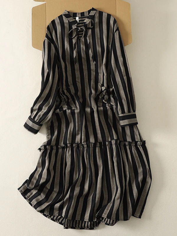 Casual Artistic Striped Dress Women's plus Size Loose Fit Holiday Wear mid Waist Long Sleeve Midi Dress A-Line Skirt