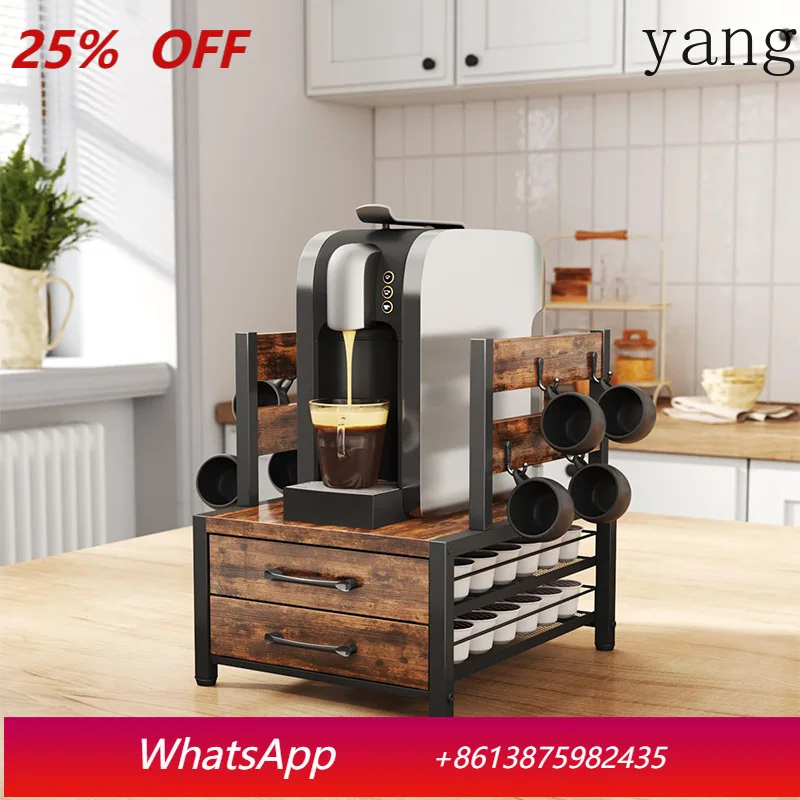 

YJQ Wrought Iron Double Layer Pullable Storage Rack with Double Side Hook Home Coffee Machine Storage Rack