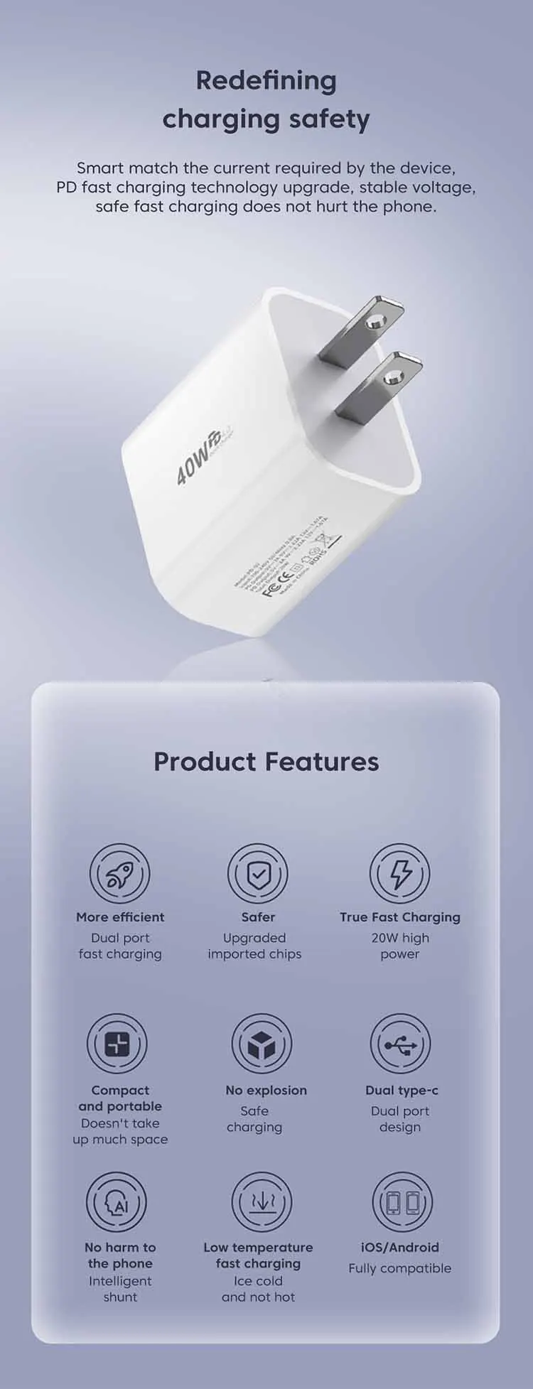 40W Fast Charger Type C Dual Port PD Fast Charging Charger Adapter For iPhone 15 14 Samsung S23 Xiaomi 10A USB C To USB C Cable