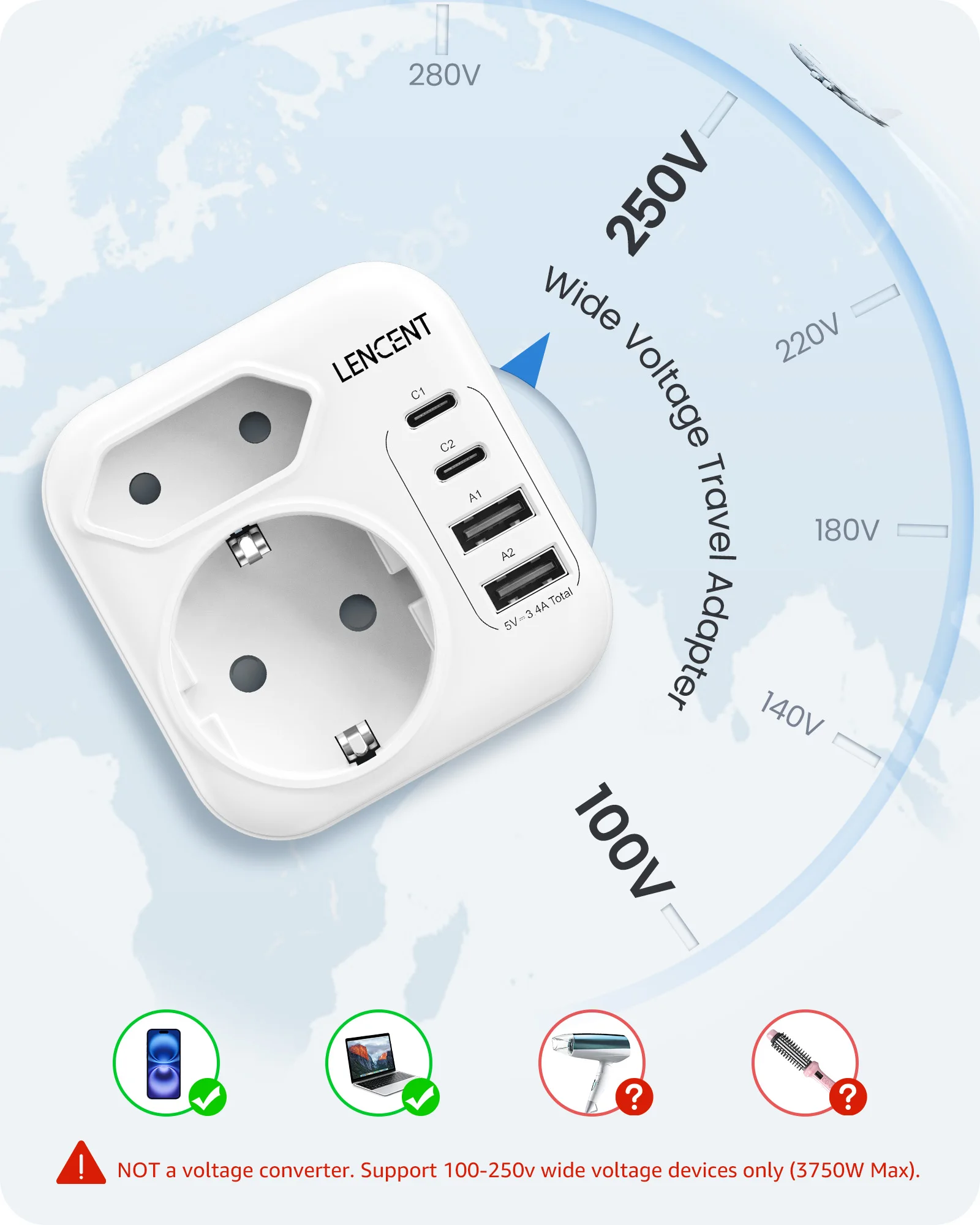 LENCENT الاتحاد الأوروبي إلى اليابان محول سفر قابل للطي مع 2AC + 2USB-A + 2 نوع C محول مأخذ التوصيل السفر المكونات نوع A للولايات المتحدة الأمريكية واليابان وكندا