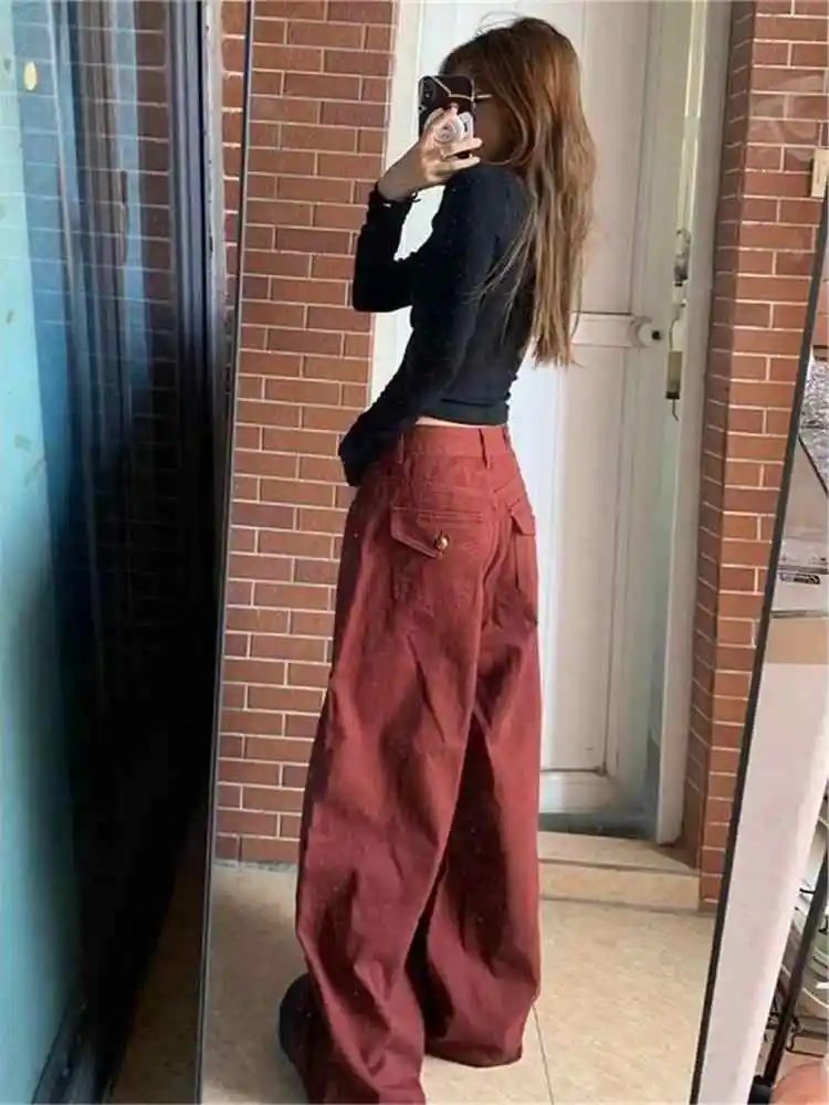 

Винтажные повседневные красные брюки-карго с высокой талией и карманами для женщин, уличная одежда, стильные широкие комбинезоны, мешковатые брюки Y2K 2024