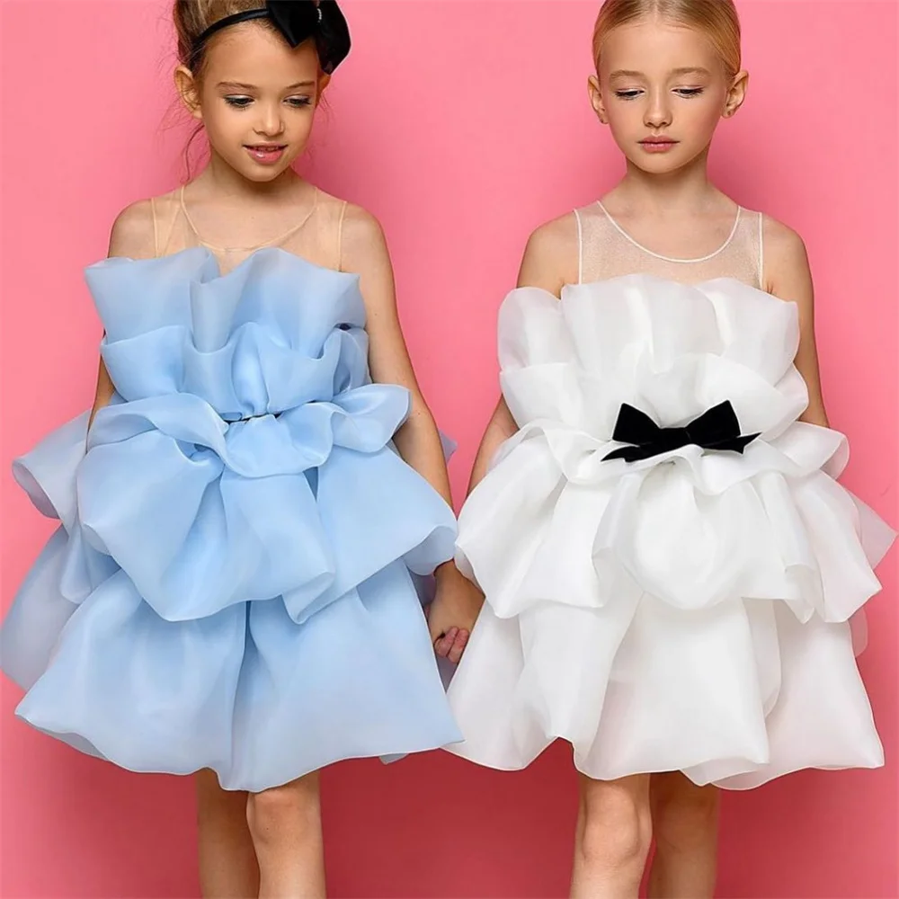 Dearin Sheer Straps Ball Gown Mini length Skirts Layered Tulle Ruffle Flower Girl Dresses