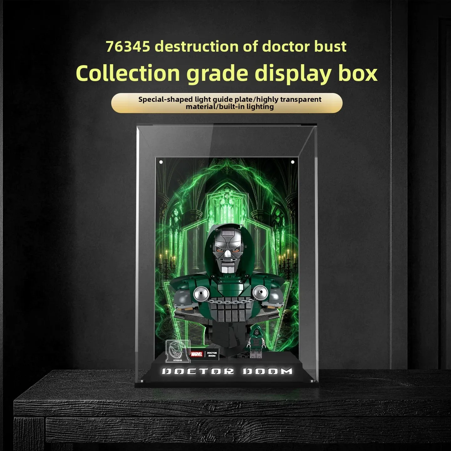 Acrylic Display Box With Light For Lego 76345 Doctor Doom Bust, Dustproof Transparent Showcase, Collectible Storage Case