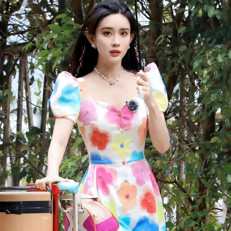 

New Floral Print Bubble Sleeve Dress French Style Women Dress Meng Ziyi Same Design