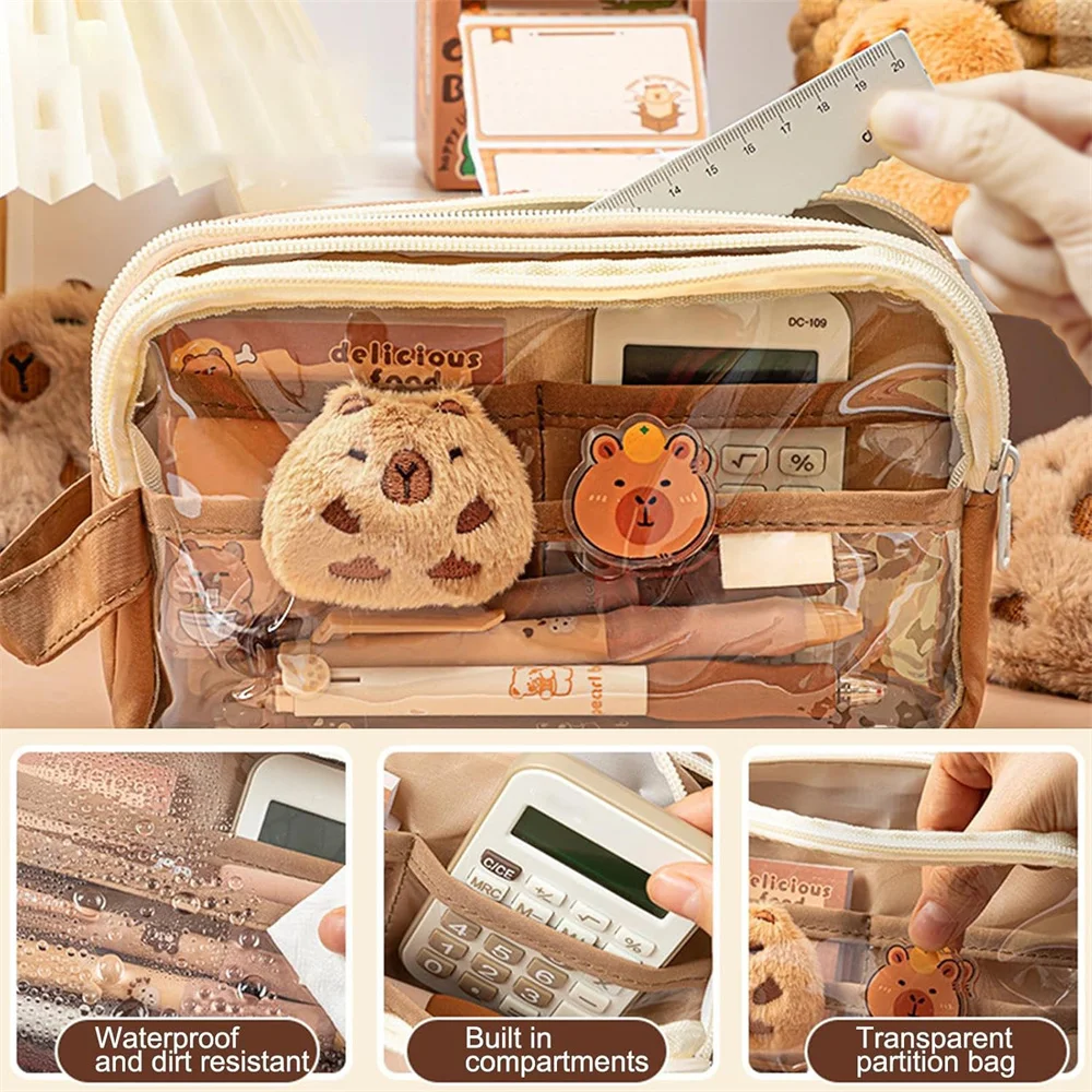 Cute Pencil Case Clear Pencil Pouch Multi-Layer Pencil Case Capybara LargeCapacity PencilCase Wide Opening Pencil Pouch for kids