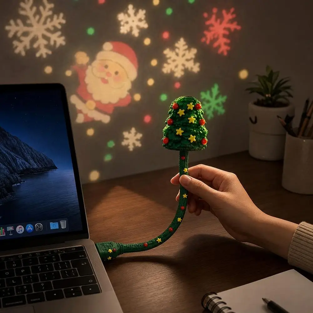 Indoor Christmas Tree Projector Light 6 Patterns USB Plug Play Flexible Christmas Night Light Holiday Home Xmas Party Decor