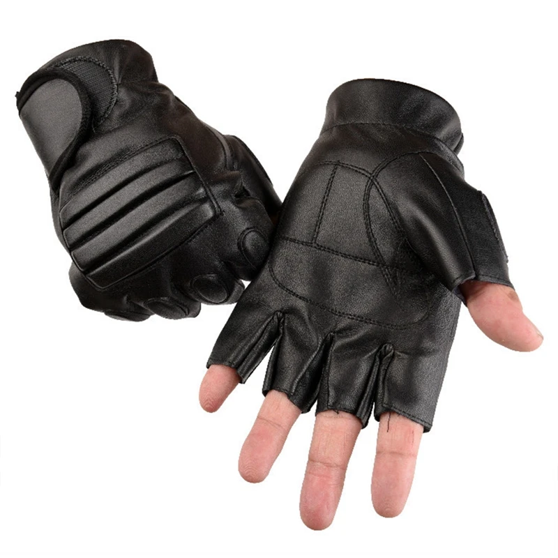 1pair Men Half Finger Black Washable PU Leather Tactical Gym Fighting Glove Climbing Sport Fitness Cycling Mitten