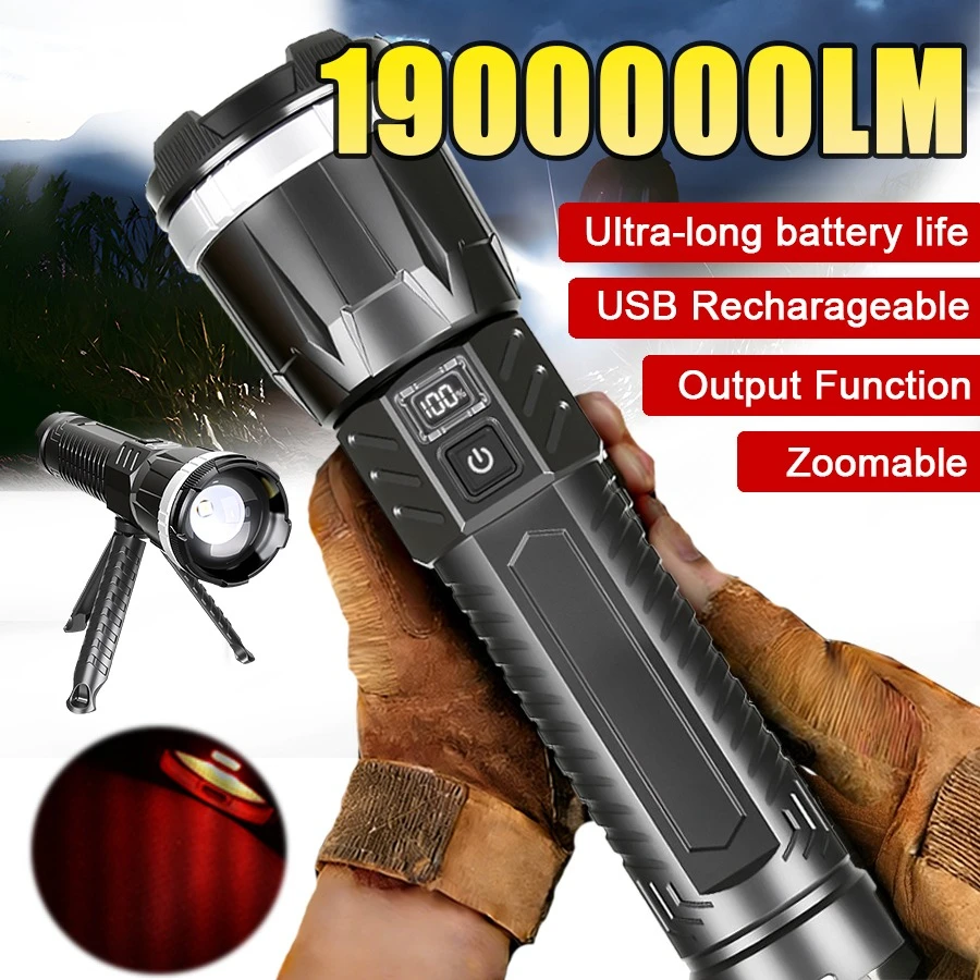 1900000LM Ultra Bright Flashlight With Powerful Rechargeable Zoom Torch And 8-mode Long-range Spotlight With Shoulder Strap